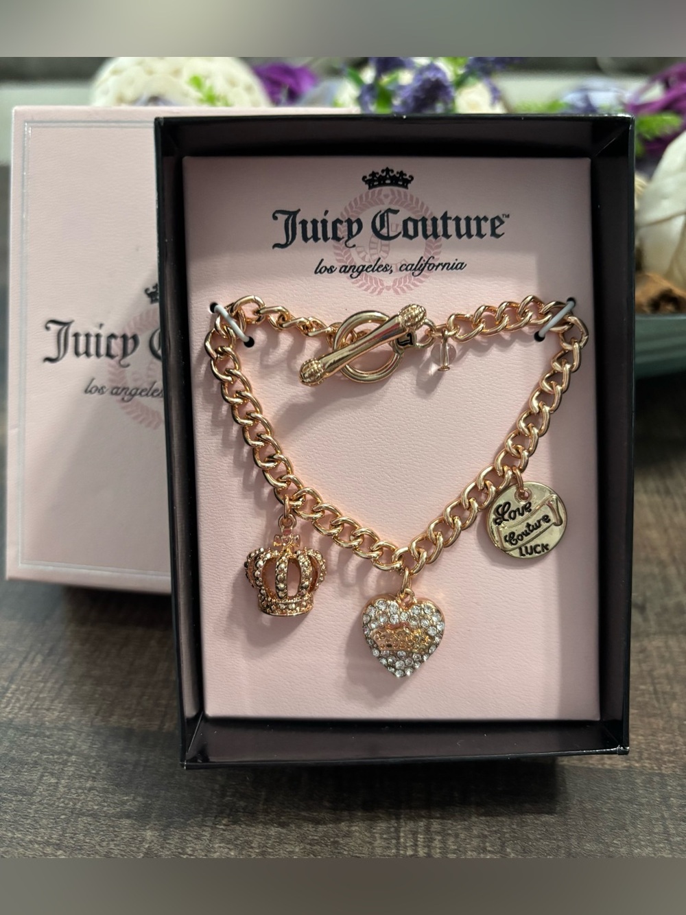 Juicy Couture RoseGold-Tone Charm Bracelet with Crown, Heart & Engraved Disc
